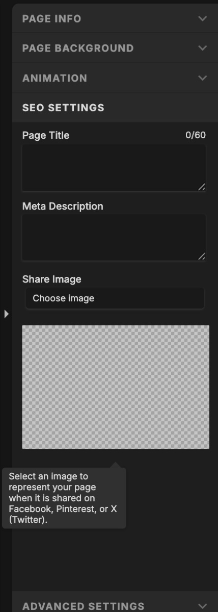 Showit SEO Settings panel showing Page Title, Meta Description and Share Image fields