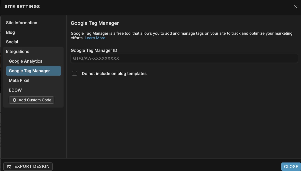 Showit Site Settings Integrations panel showing the Google Tag Manager container ID field
