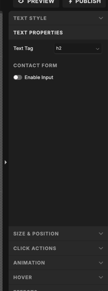 Showit Text Properties panel showing the Text Tag dropdown set to h2
