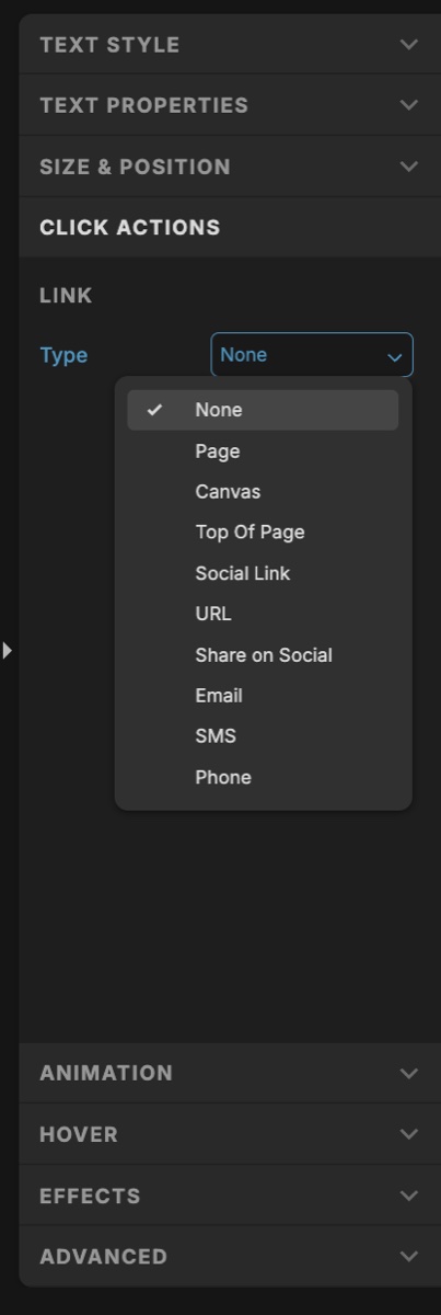 Showit Click Actions panel showing the Link type dropdown with options: None, Page, Canvas, URL, Email, SMS, Phone