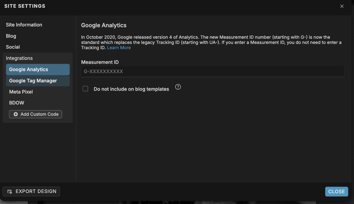 Showit Site Settings Integrations panel showing Google Analytics Measurement ID field (G-XXXXXXXXXX)