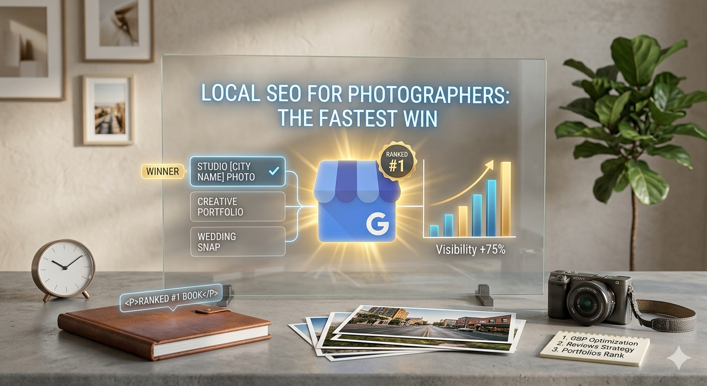 Local SEO for Photographers, The Fastest Win for Your Showit Site Local SEO for photographers showing Google Maps ranking and visibility boost for a photography studio