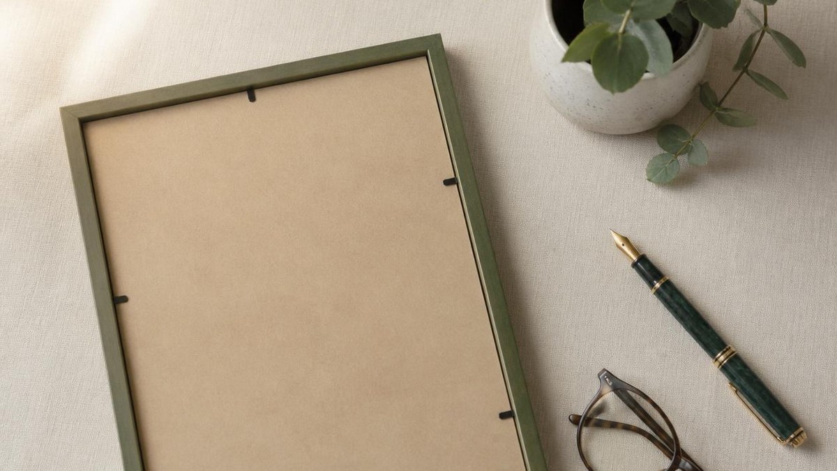 A framed certificate face-down beside a fountain pen, reading glasses and a small eucalyptus plant on pale linen