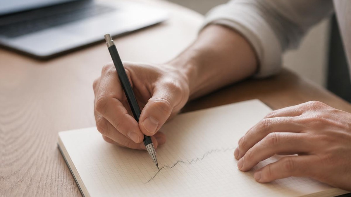 Hands sketching a rising line on grid paper with a mechanical pencil