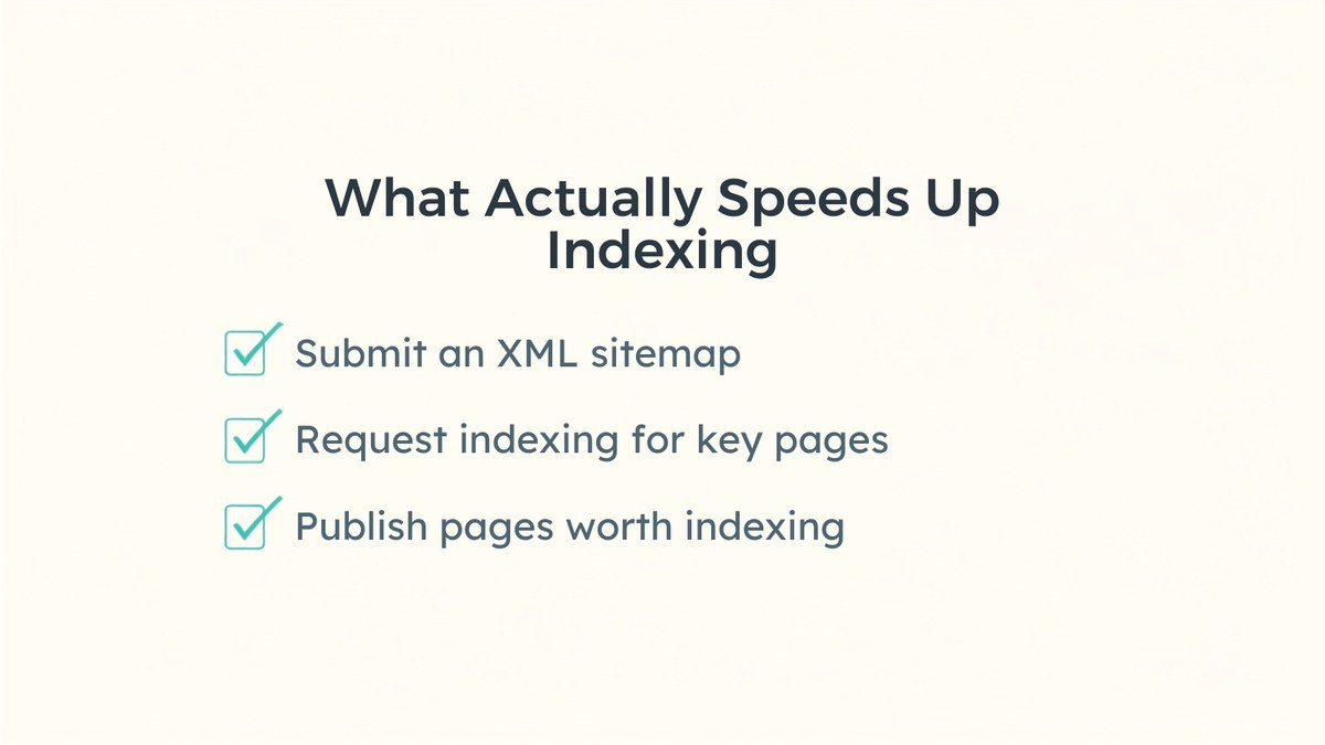 What actually speeds up indexing: submit an XML sitemap, request indexing for key pages, publish pages worth indexing.